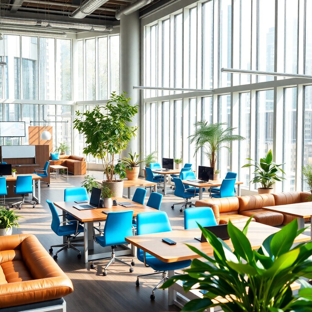 Modern Office Space with Collaborative Work Zones – free AI stock image