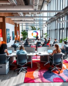 Modern Office Space with Collaborative Workstations – free AI stock image