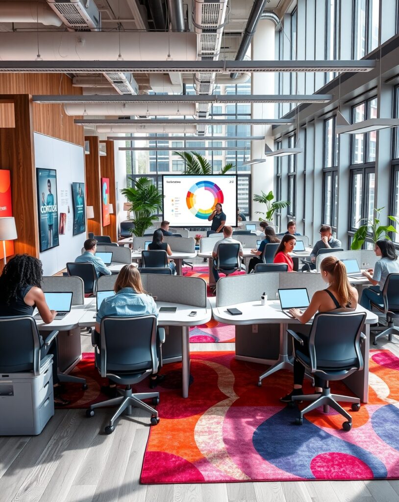 Modern Office Space with Collaborative Workstations – free AI stock image