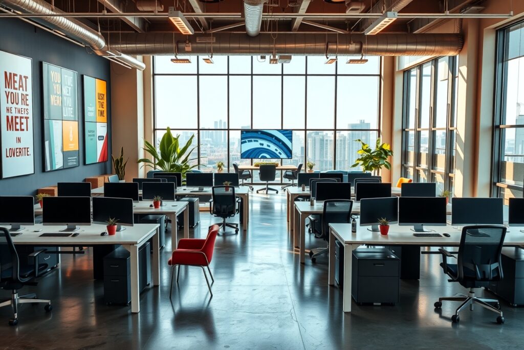 Modern Office Space with Collaborative Workstations – free AI stock image