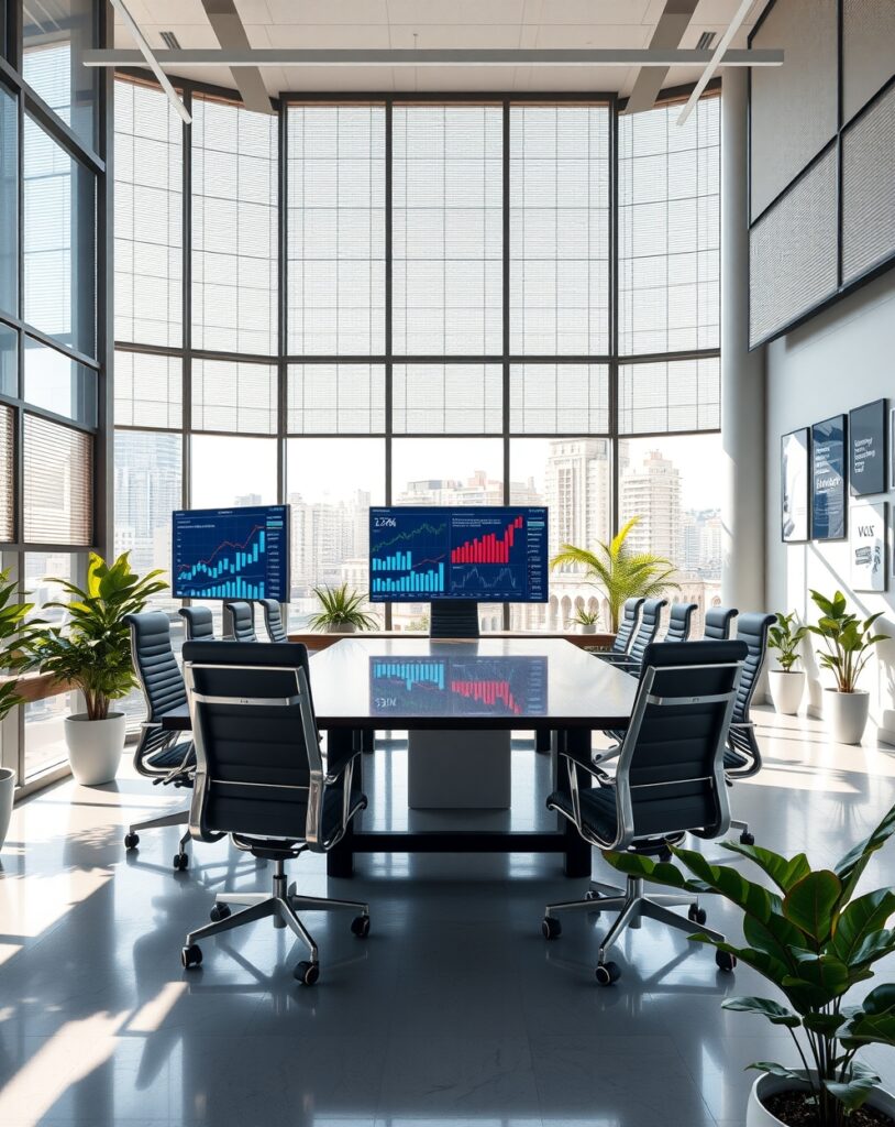 Modern Office Space with Financial Charts – free AI stock image