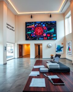 Modern Office Space with Financial Charts – free AI stock image