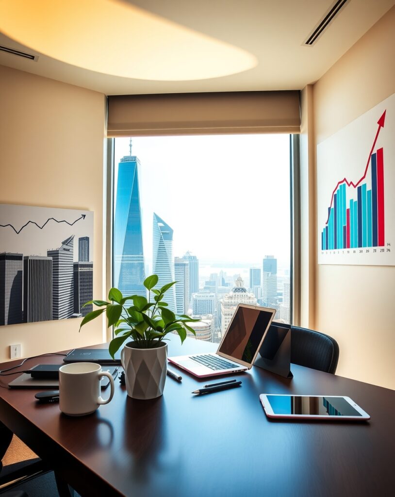 Modern Office Space with Financial Charts – free AI stock image