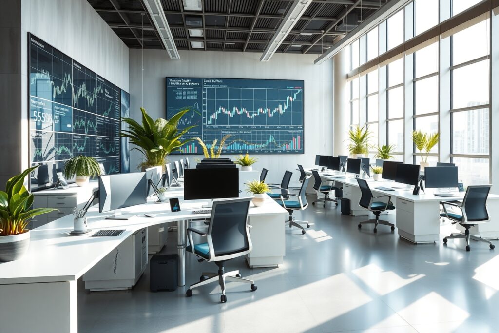 Modern Office Space with Technology and Finance – free AI stock image