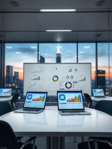 Modern Office with Business Charts and Laptops – free AI stock image