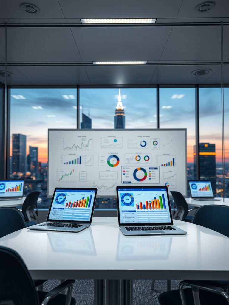 Modern Office with Business Charts and Laptops – free AI stock image