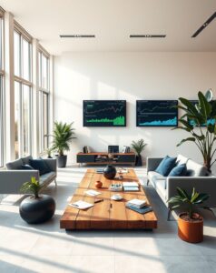 Modern Office with Digital Financial Display – free AI stock image