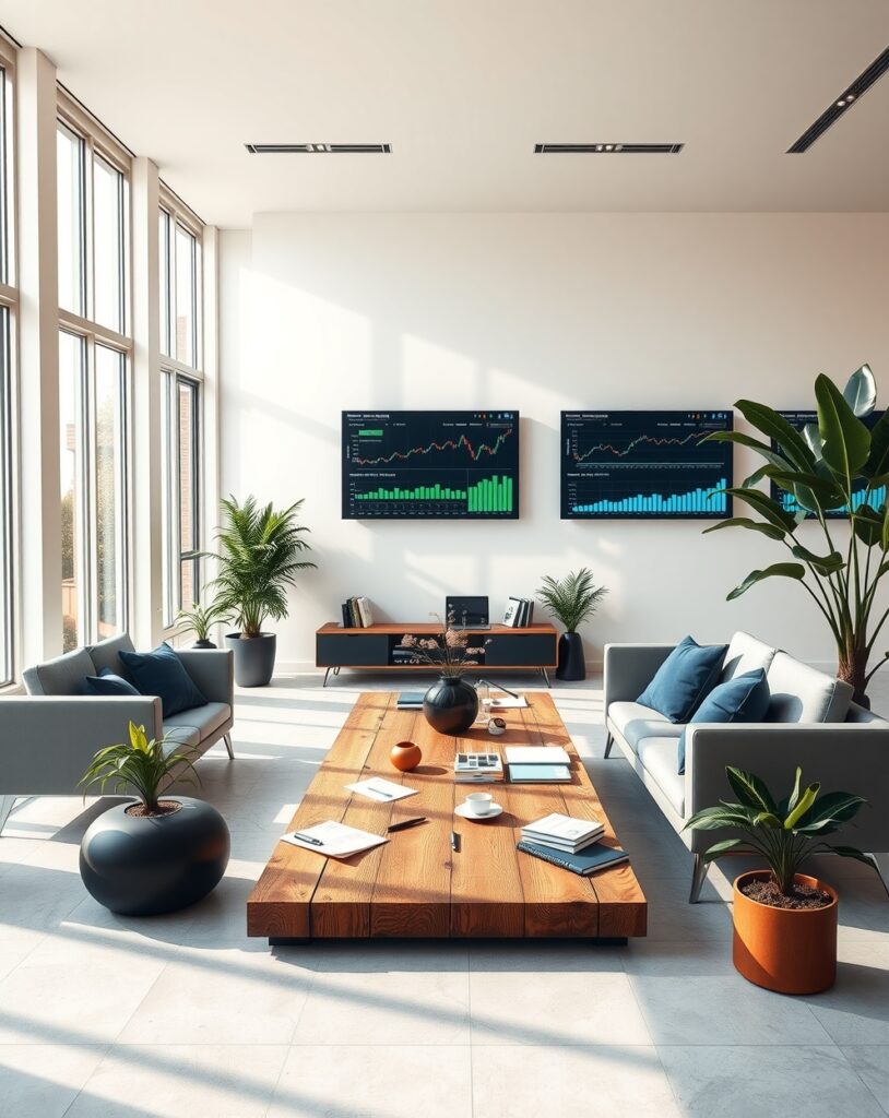 Modern Office with Digital Financial Display – free AI stock image
