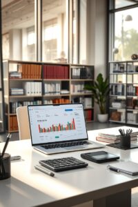 Modern Office Workspace with Technology and Finance – free AI stock image