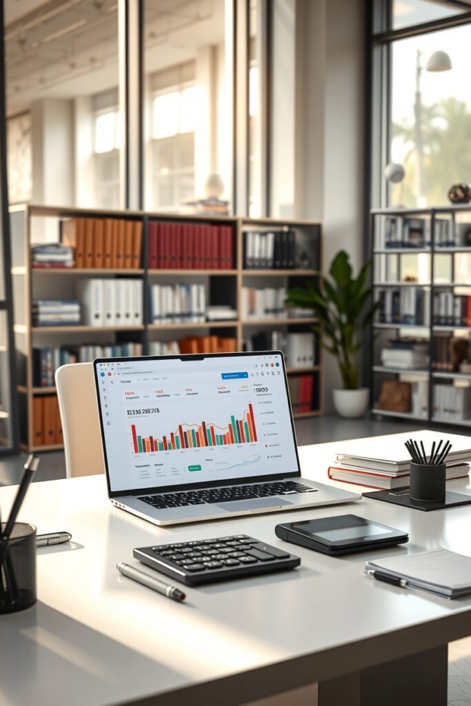 Modern Office Workspace with Technology and Finance – free AI stock image