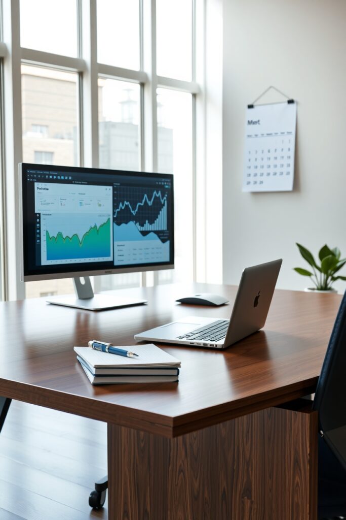 Modern Office Workspace with Business Essentials – free AI stock image