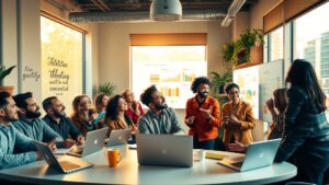 Modern Office Workspace with Business Professionals Collaborating image – free AI stock image