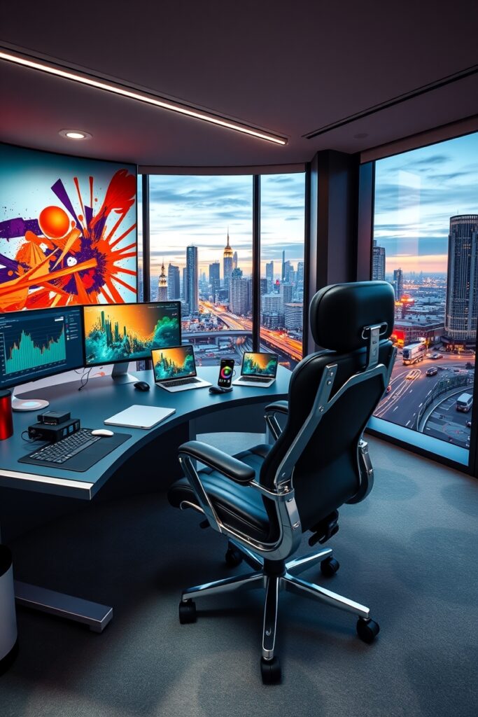 Modern Office Workspace with Tech Gadgets – free AI stock image