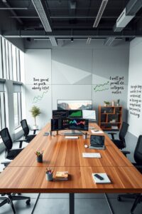 Modern Office Workspace with Technology and Finance – free AI stock image