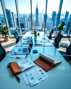 Modern Office Workspace with Technology and Finance – free AI stock image
