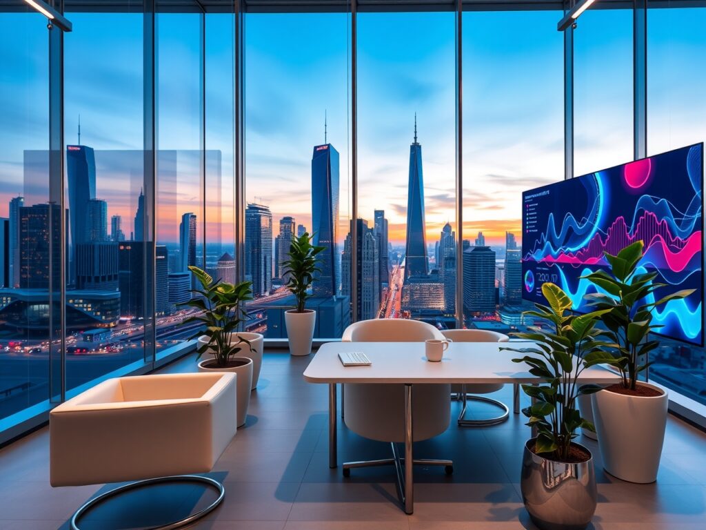 Modern Office Workspace with Technology and Growth – free AI stock image