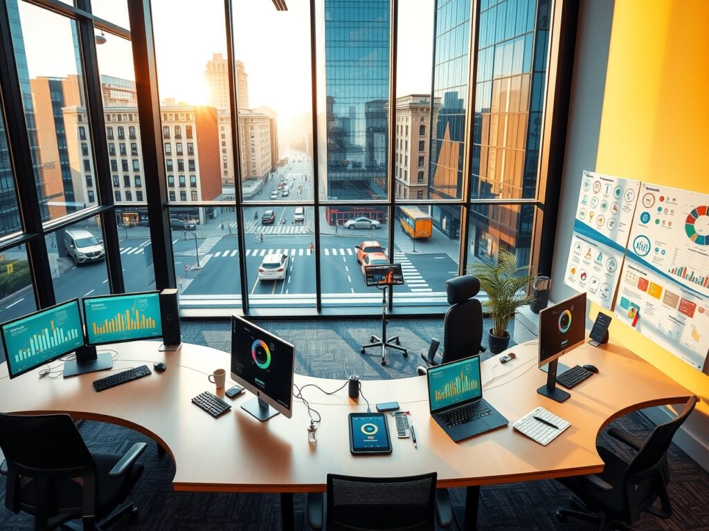 Modern Office Workspace with Technology and Innovation – free AI stock image
