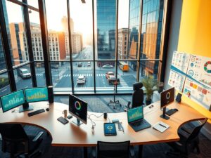 Modern Office Workspace with Technology and Innovation – free AI stock image