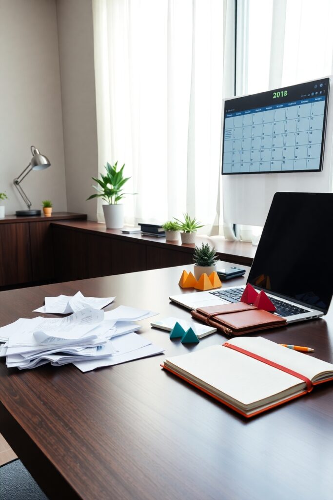 Modern Office Workspace with Technology and Paperwork – free AI stock image