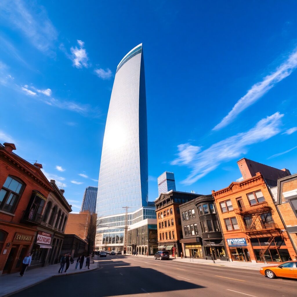 Modern Skyscraper Against a Blue Sky – free AI stock image