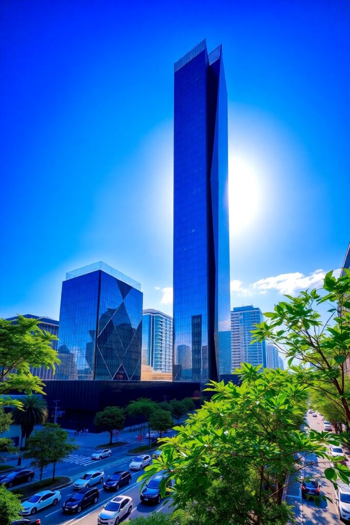 Modern Skyscraper Against a Blue Sky – free AI stock image