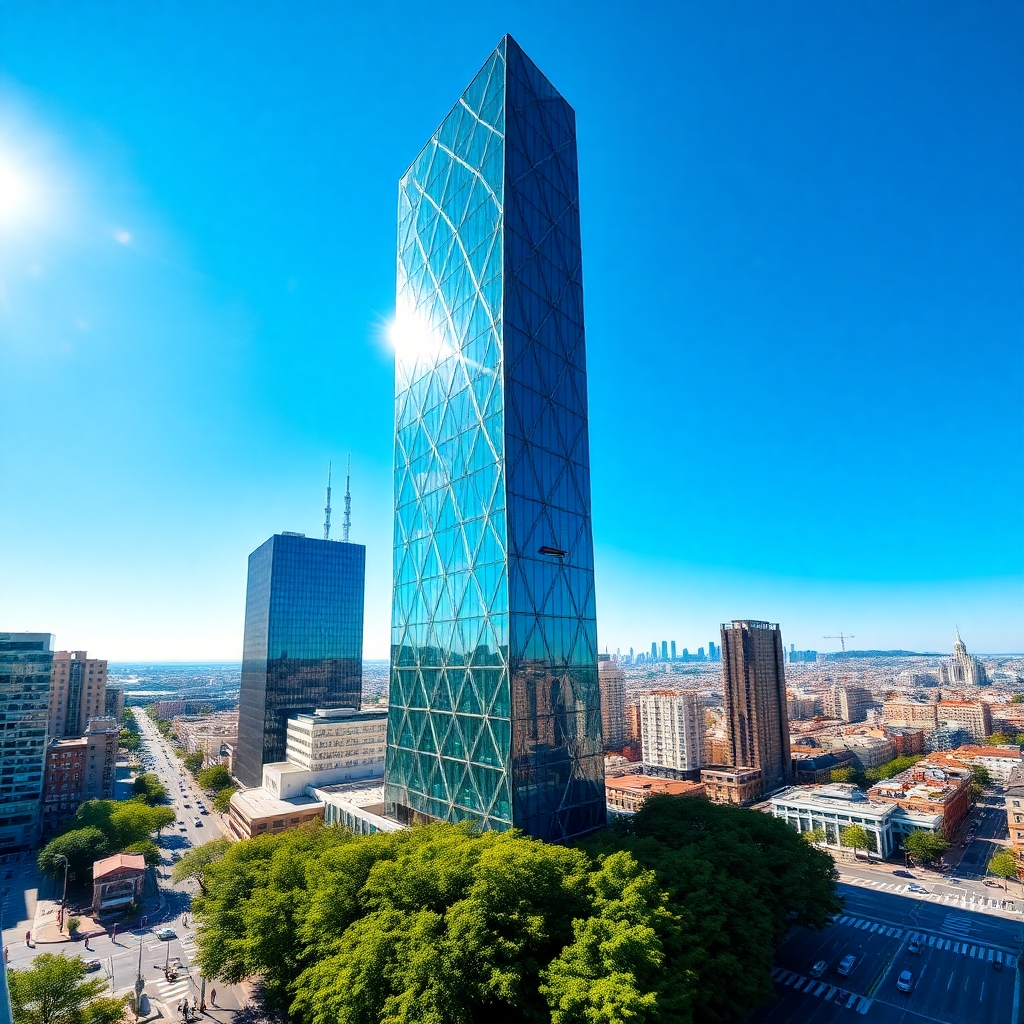 Modern Skyscraper Against a Clear Blue Sky – free AI stock image