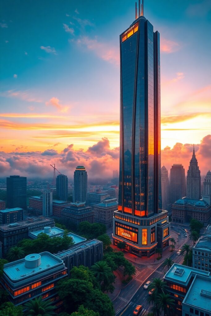 Modern Skyscraper Against a Setting Sun – free AI stock image