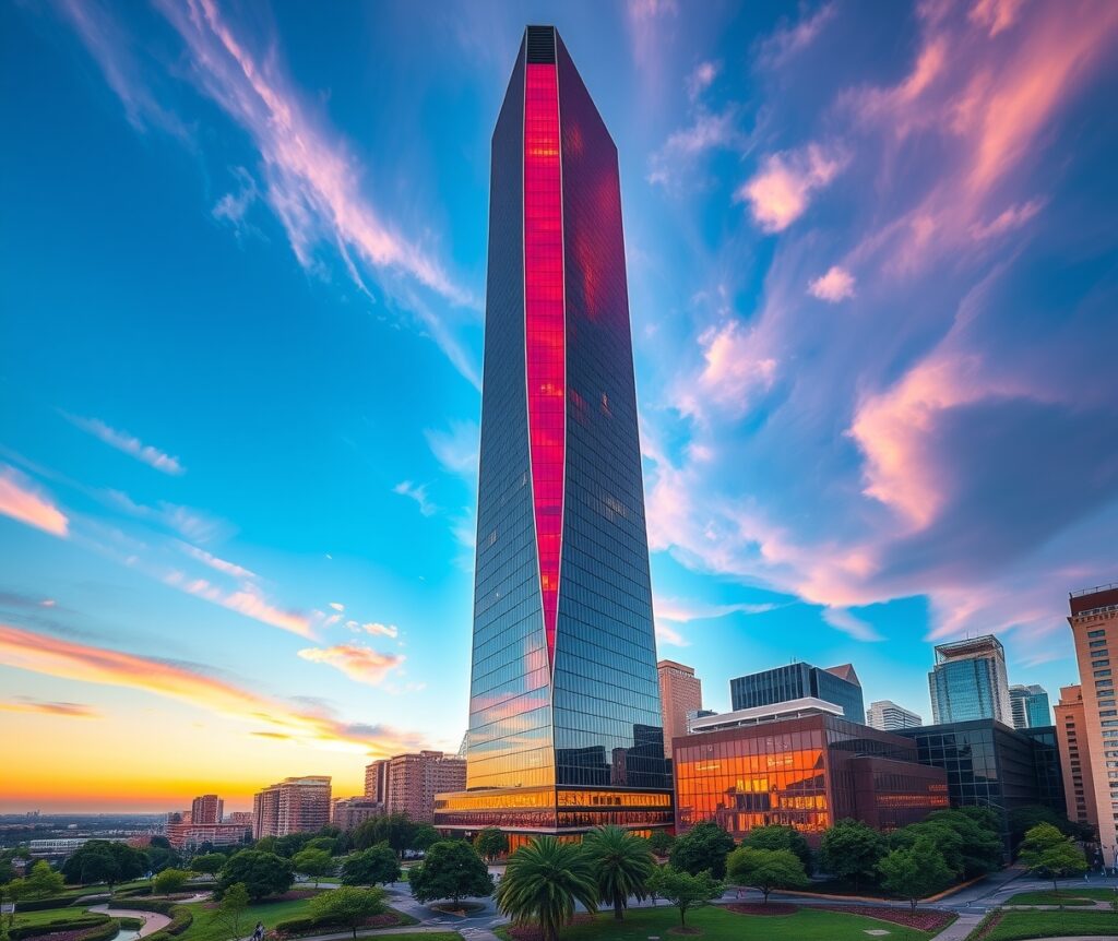 Modern Skyscraper Against a Sunset Sky – free AI stock image