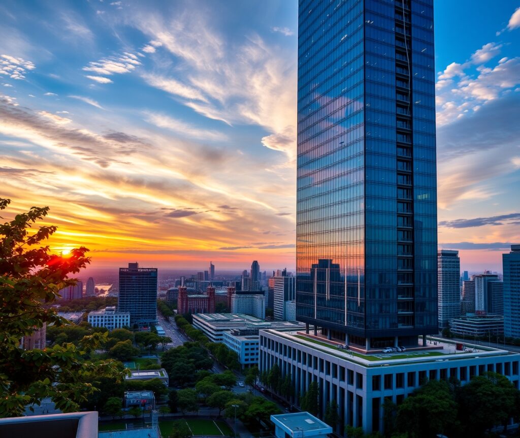 Modern Skyscraper Against a Sunset Sky – free AI stock image