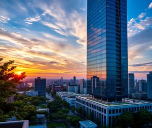 Modern Skyscraper Against a Sunset Sky – free AI stock image