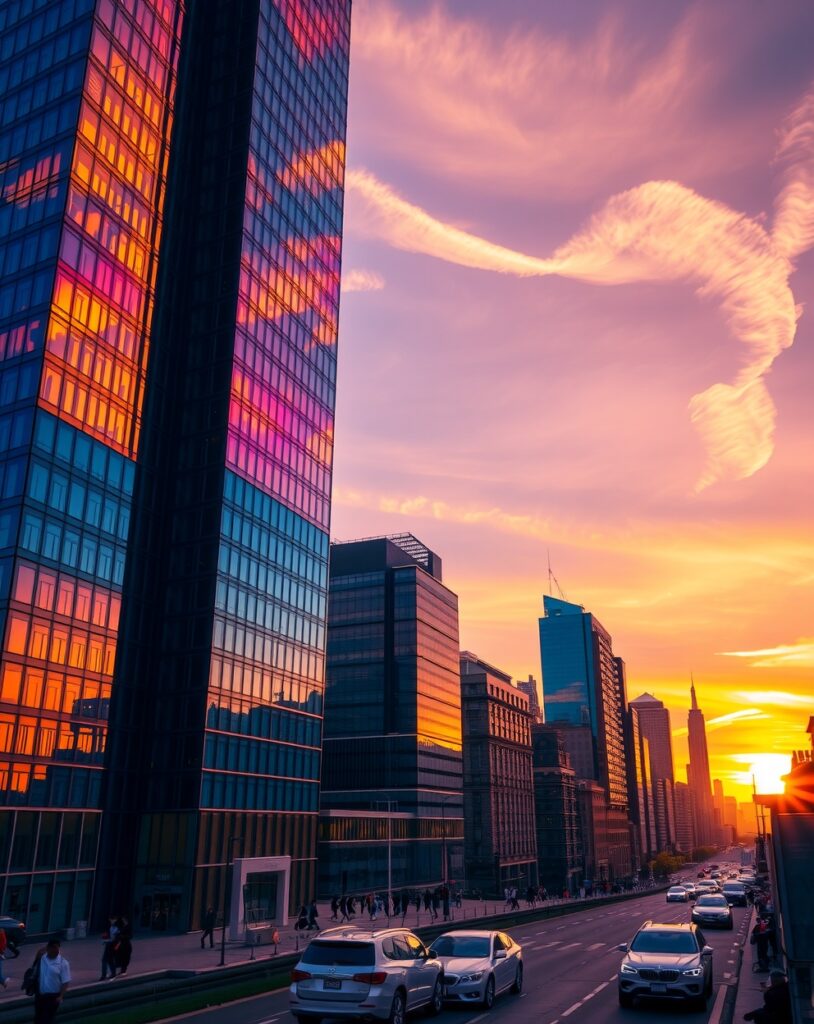 Modern Skyscraper Against a Sunset Sky – free AI stock image