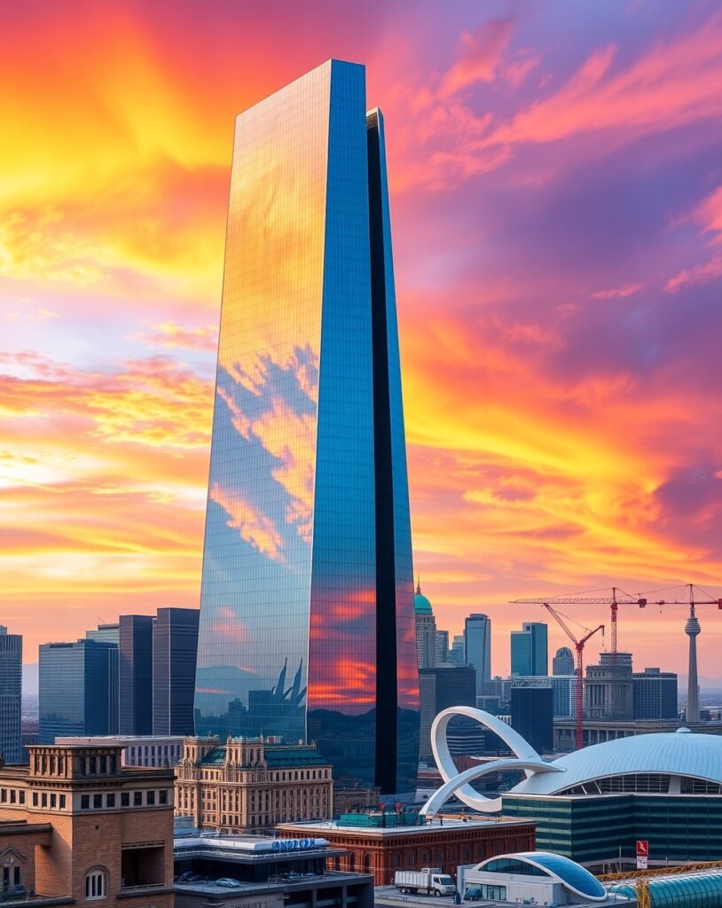 Modern Skyscraper Against a Sunset Sky – free AI stock image
