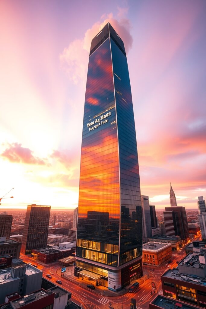 Modern Skyscraper Against a Sunset Sky – free AI stock image