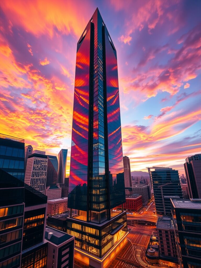 Modern Skyscraper Against Sunset Sky – free AI stock image