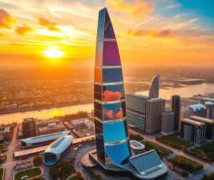 Modern Skyscraper Amidst Golden Sunset – free AI stock image