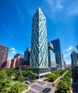 Modern Skyscraper Overlooking Urban Landscape – free AI stock image