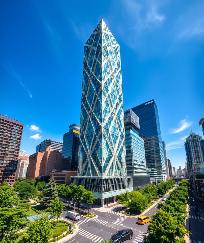 Modern Skyscraper Overlooking Urban Landscape – free AI stock image