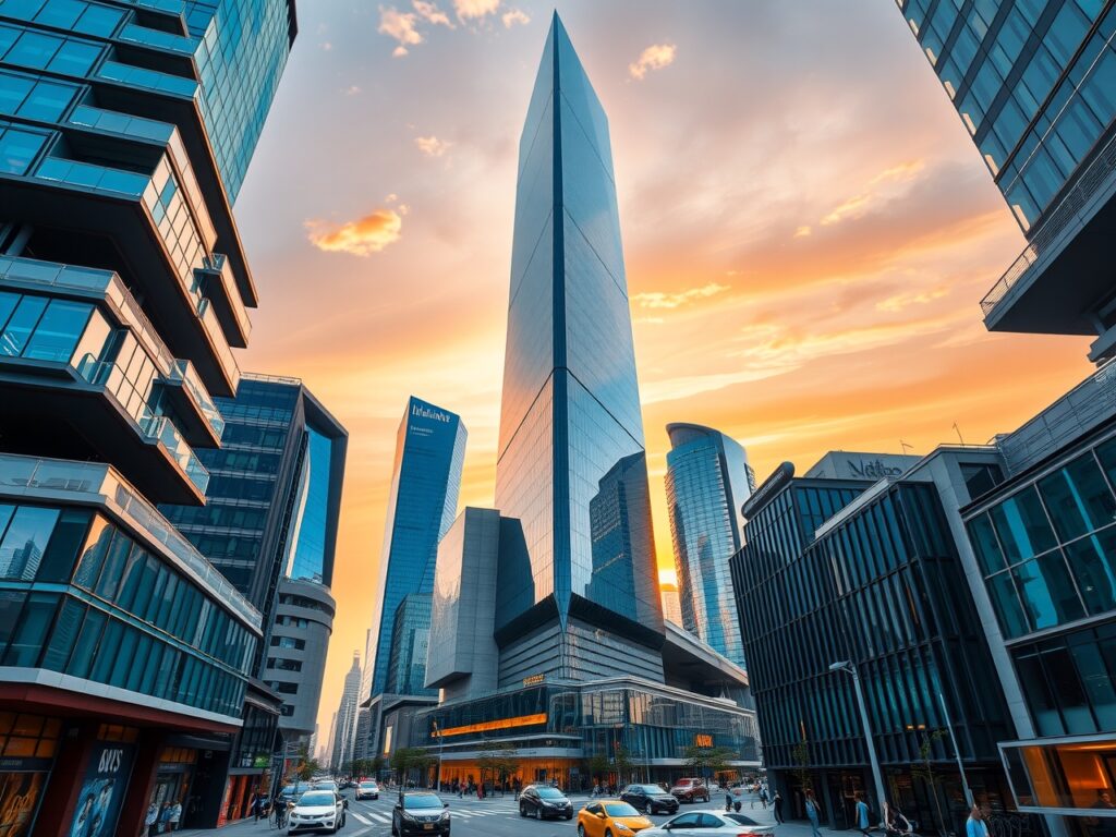 Modern Skyscraper Overlooking Urban Landscape – free AI stock image