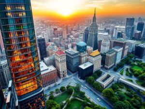 Modern Skyscraper Overlooking Urban Landscape – free AI stock image