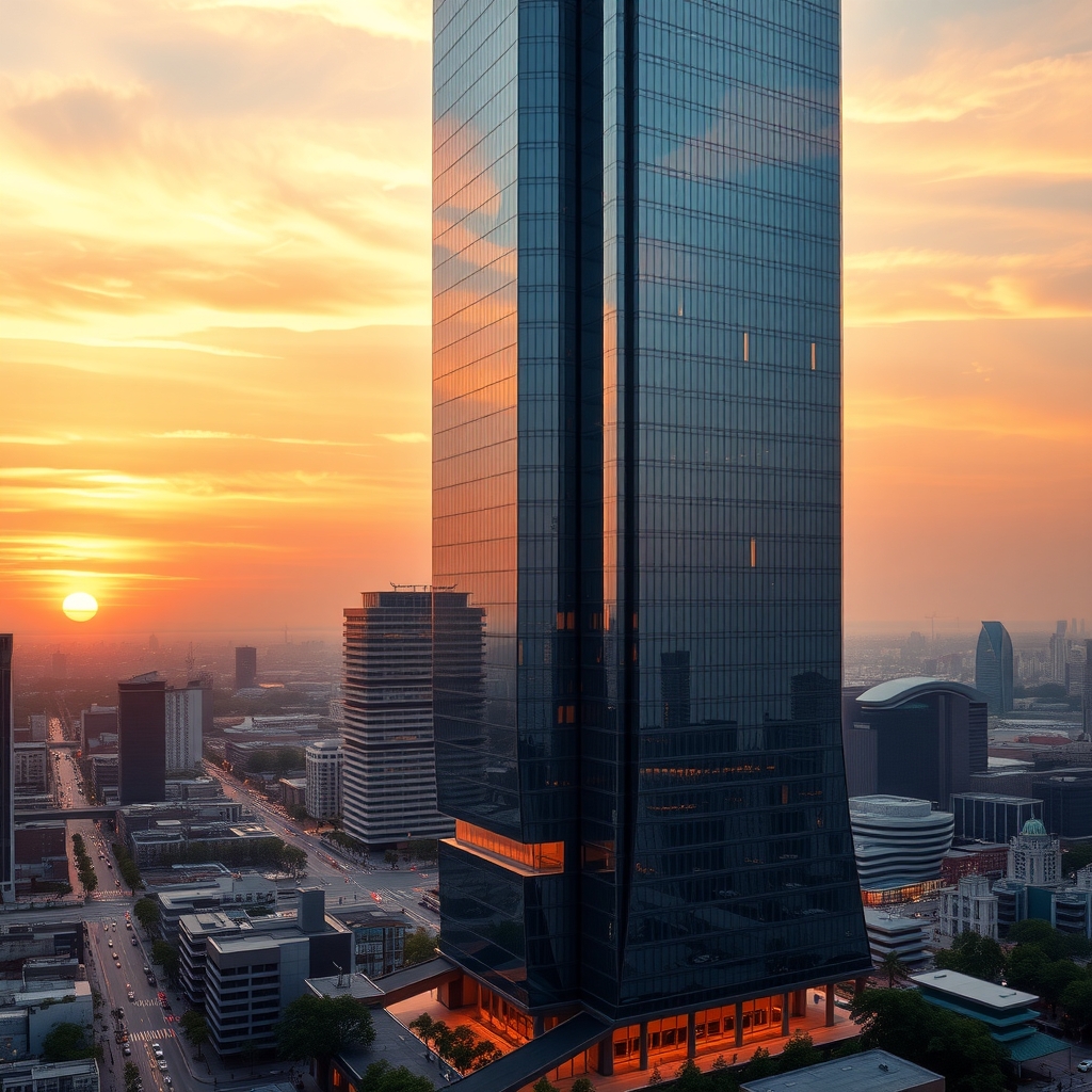 Modern Skyscraper Reflecting Sunset Colors – free AI stock image