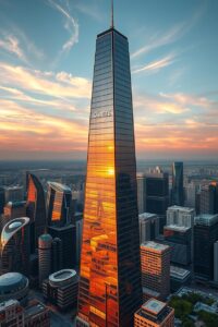 Modern Skyscraper Reflection at Dusk – free AI stock image