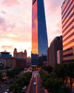 Modern Skyscraper Reflections at Sunset – free AI stock image