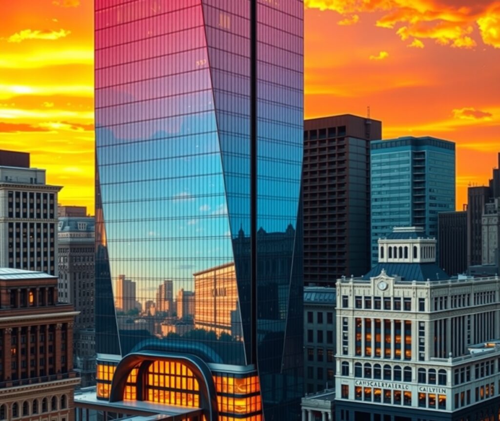Modern Skyscraper Reflections at Sunset – free AI stock image