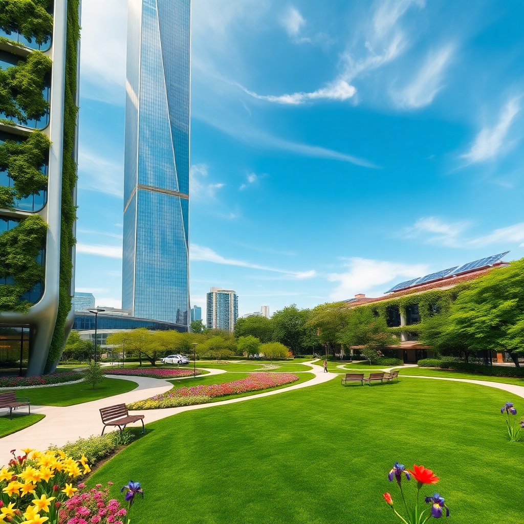 Modern Skyscraper Surrounded by Green Space – free AI stock image