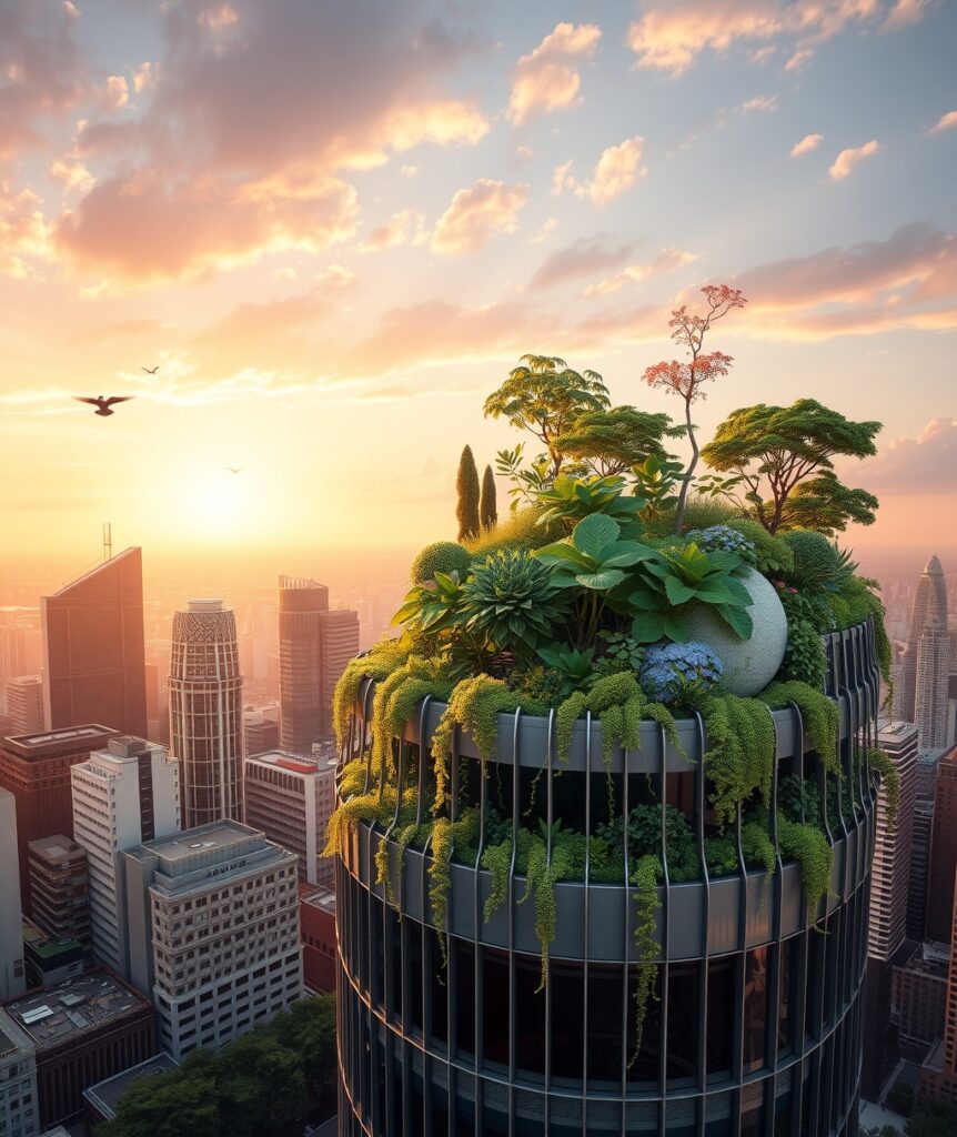 Modern Skyscraper with Green Rooftop Garden – free AI stock image