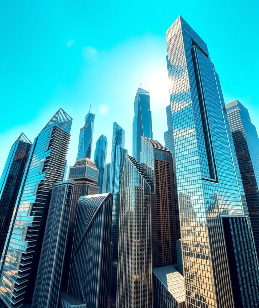 Modern Skyscrapers Against a Clear Blue Sky – free AI stock image