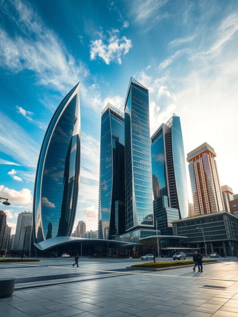 Modern Skyscrapers Against a Clear Blue Sky – free AI stock image