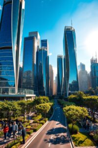 Modern Skyscrapers Against a Clear Blue Sky – free AI stock image