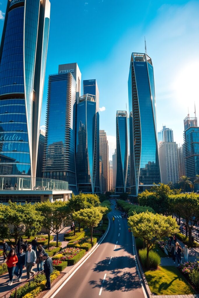 Modern Skyscrapers Against a Clear Blue Sky – free AI stock image
