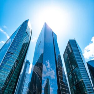 Modern Skyscrapers Against a Clear Blue Sky – free AI stock image
